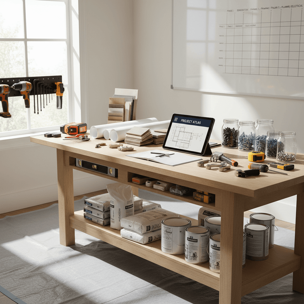 A bright, organized aesthetic wide shot of a renovation workspace with tools, materials, and a tablet showing project plans