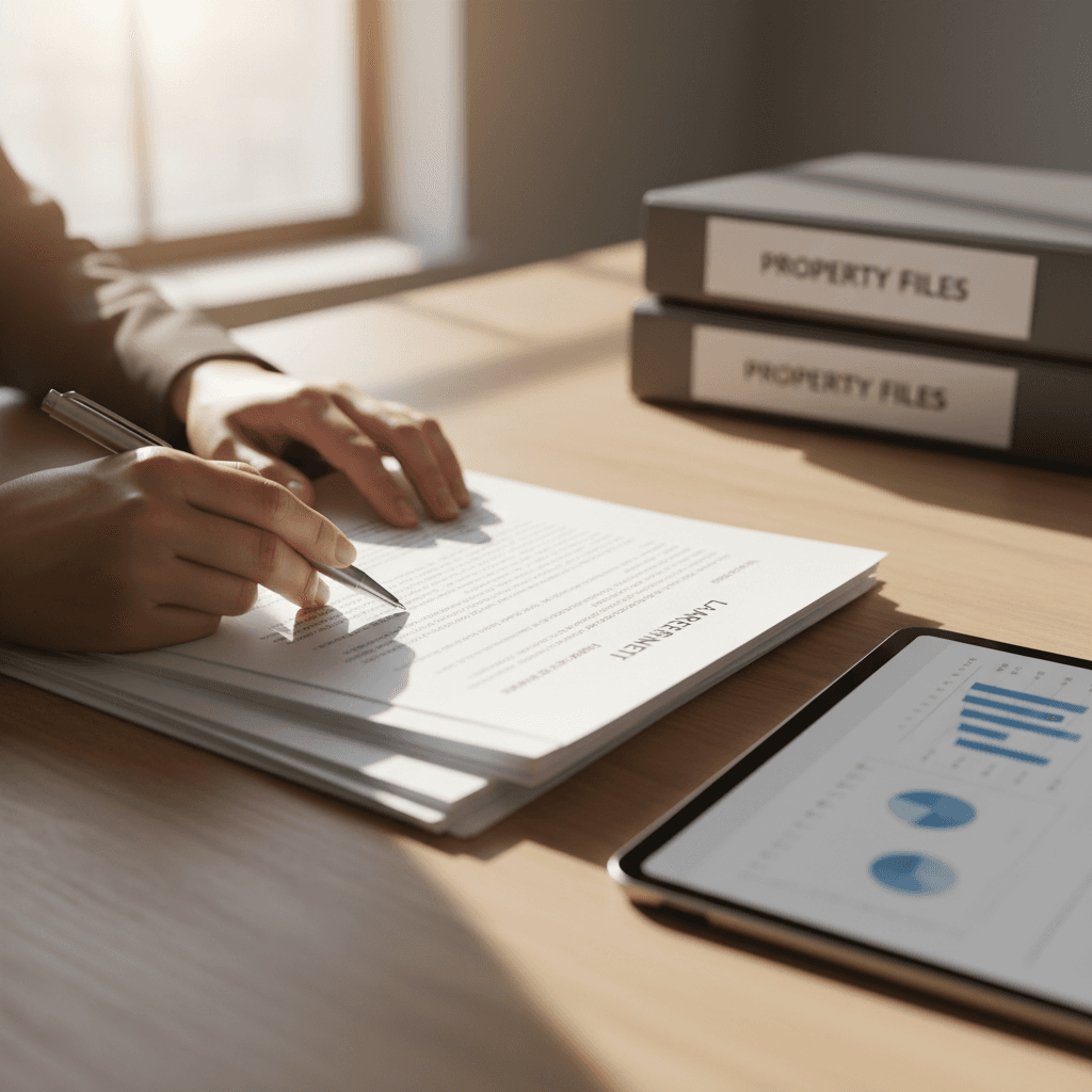 A warm, professional aesthetic close-up of hands reviewing lease documents at a clean wooden desk