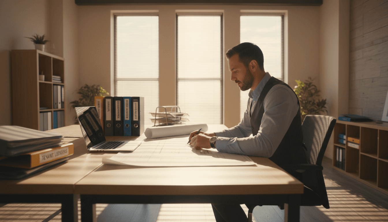 Property manager reviewing operational plans and documents in a well-organized Denver office