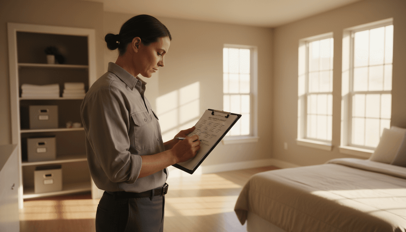 Property manager reviewing checklist in a well-maintained rental unit