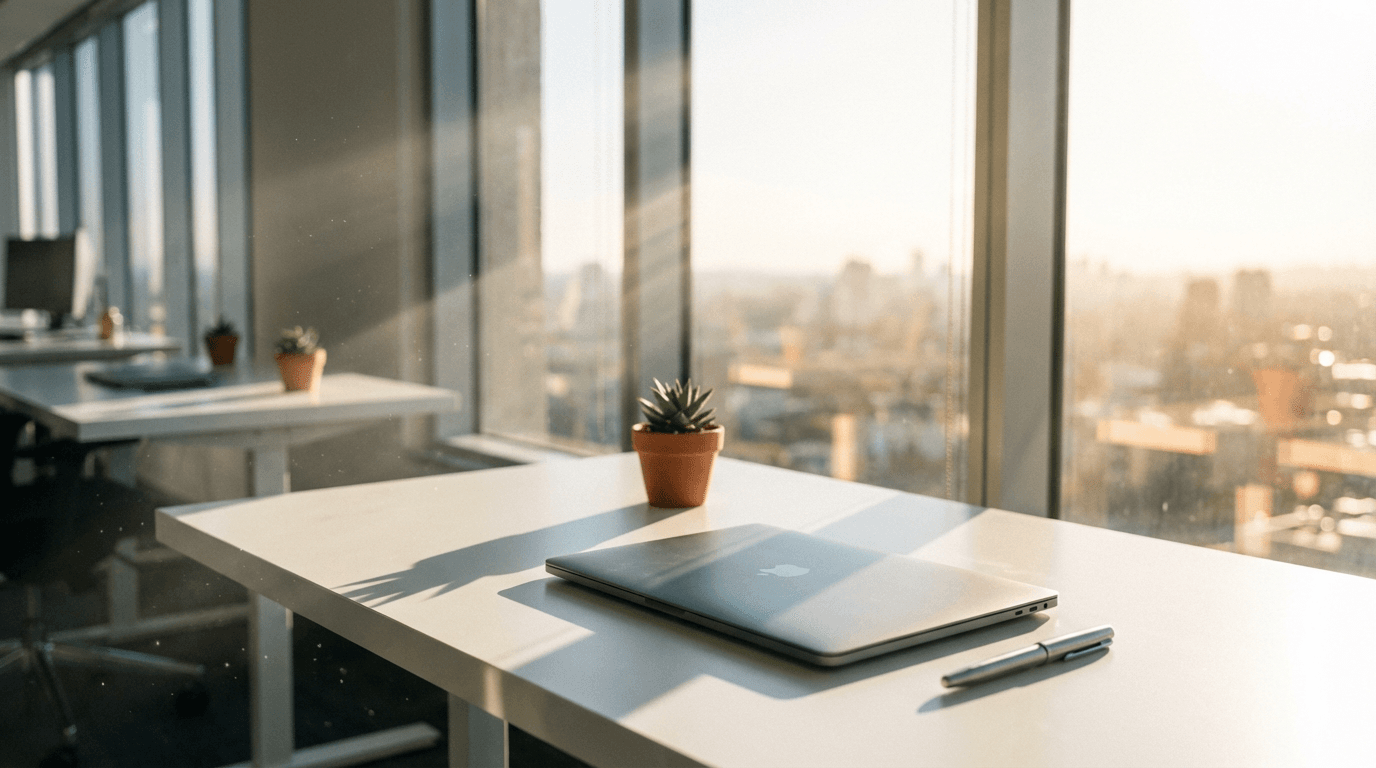 Property manager reviewing documents and schedules at a modern desk in Denver office