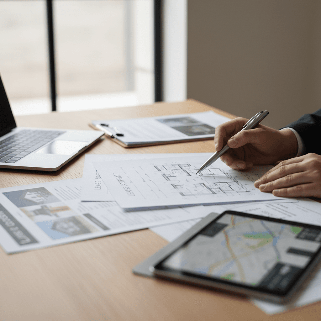 Property manager reviewing operational checklist and maintenance schedules at a desk in a Denver office