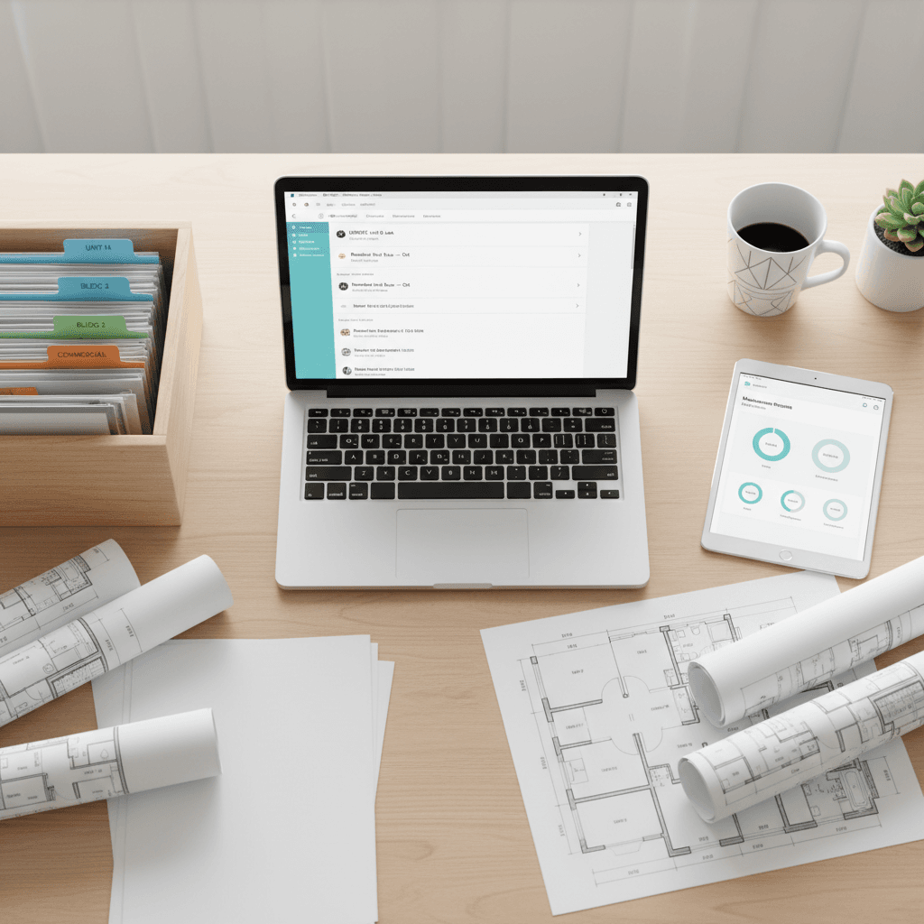 Property management workspace with organized scheduling and vendor coordination materials