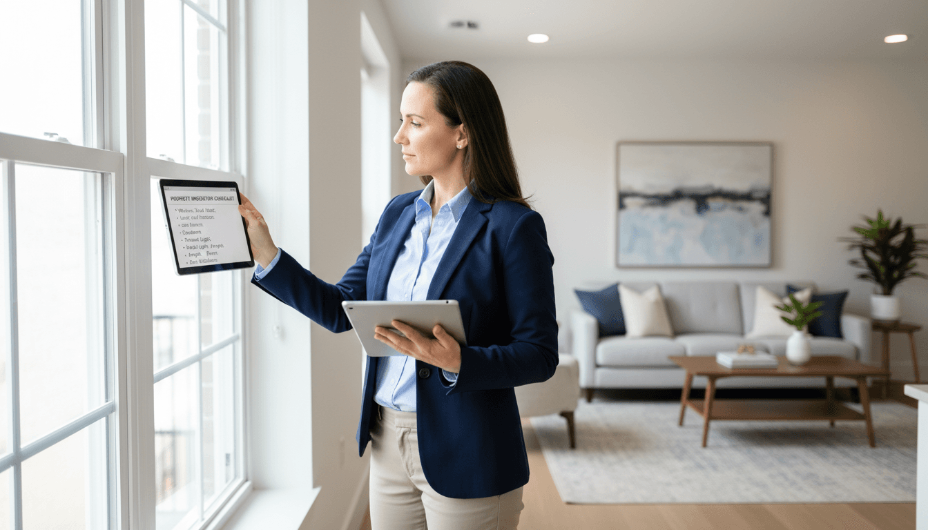 Property manager reviewing maintenance details on tablet in residential property