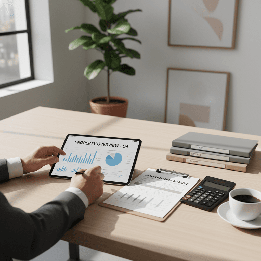 Property manager reviewing operational documents and digital systems